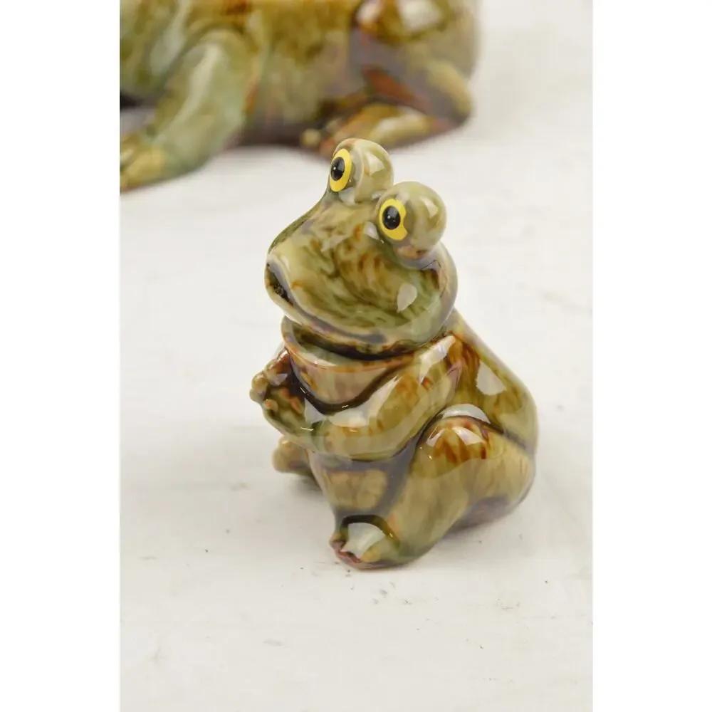 Frog Ceramic Tea Condiment Set x4 Lidded Bowl Sugar Creamer Green Glazed Pottery